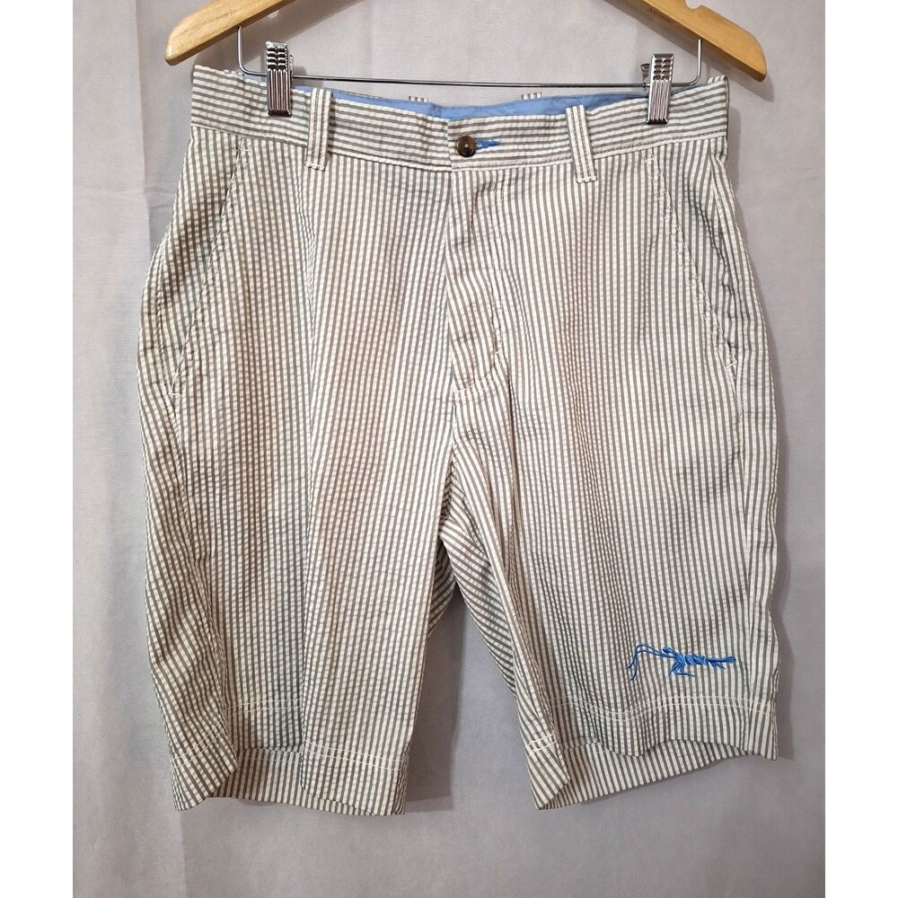 True Flies Men's Gray White Seersucker Shorts Striped Men's 30 Shrimp Logo VTG